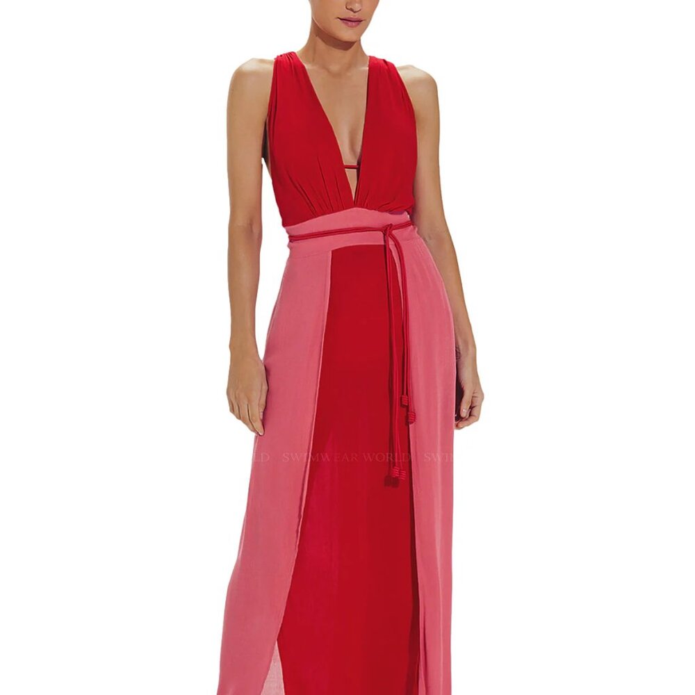 ViX Swimwear Brigite Colorblock Plunge Cover-Up Dress in Red Size S NWT $298